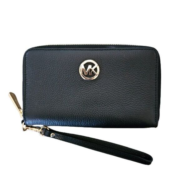 Michael Kors Women's Jet Set Black Pebbled Leather Zip Around Wallet - Picture 1 of 11